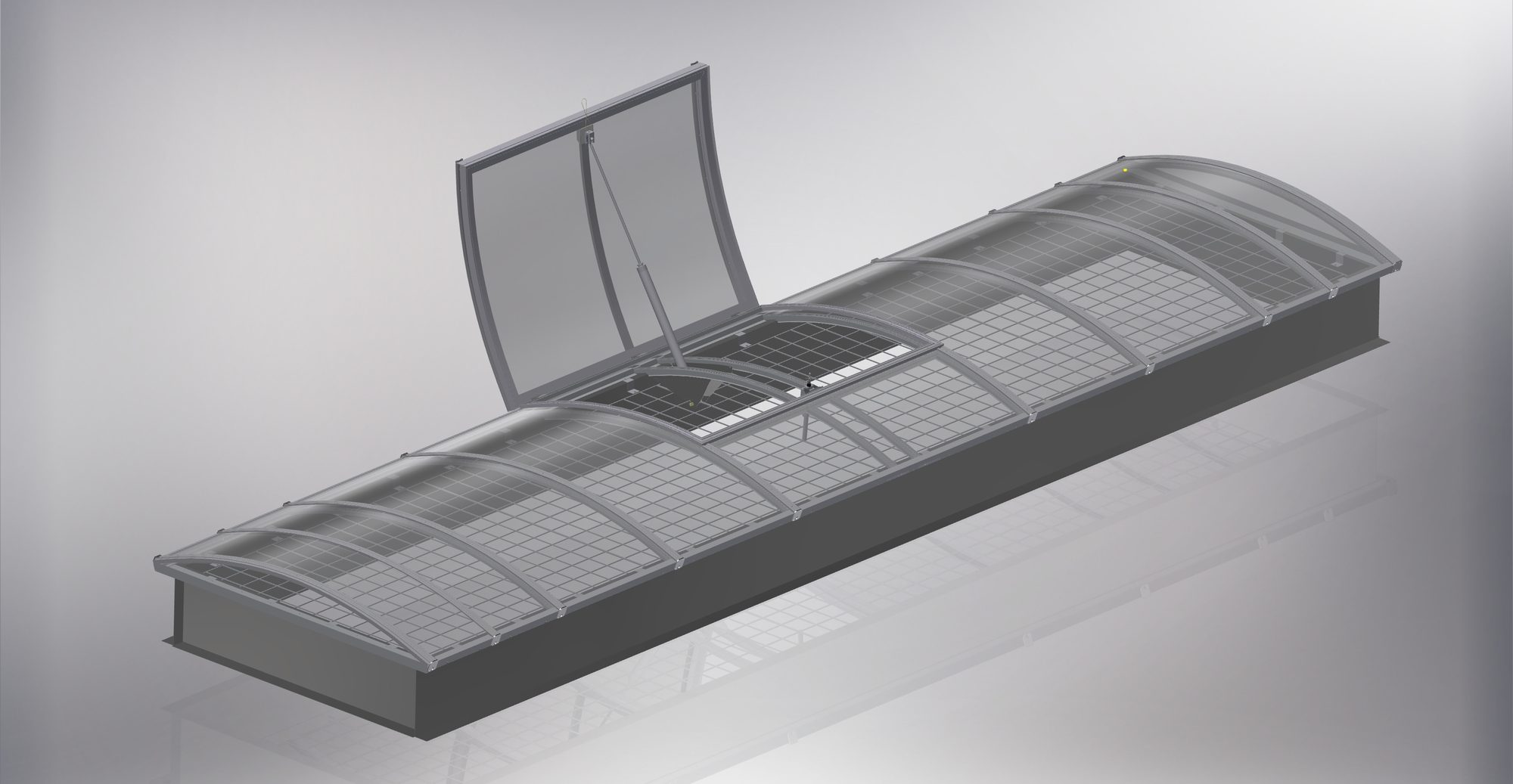 Continuous rooflight with SHEV flap and fall-through grilles